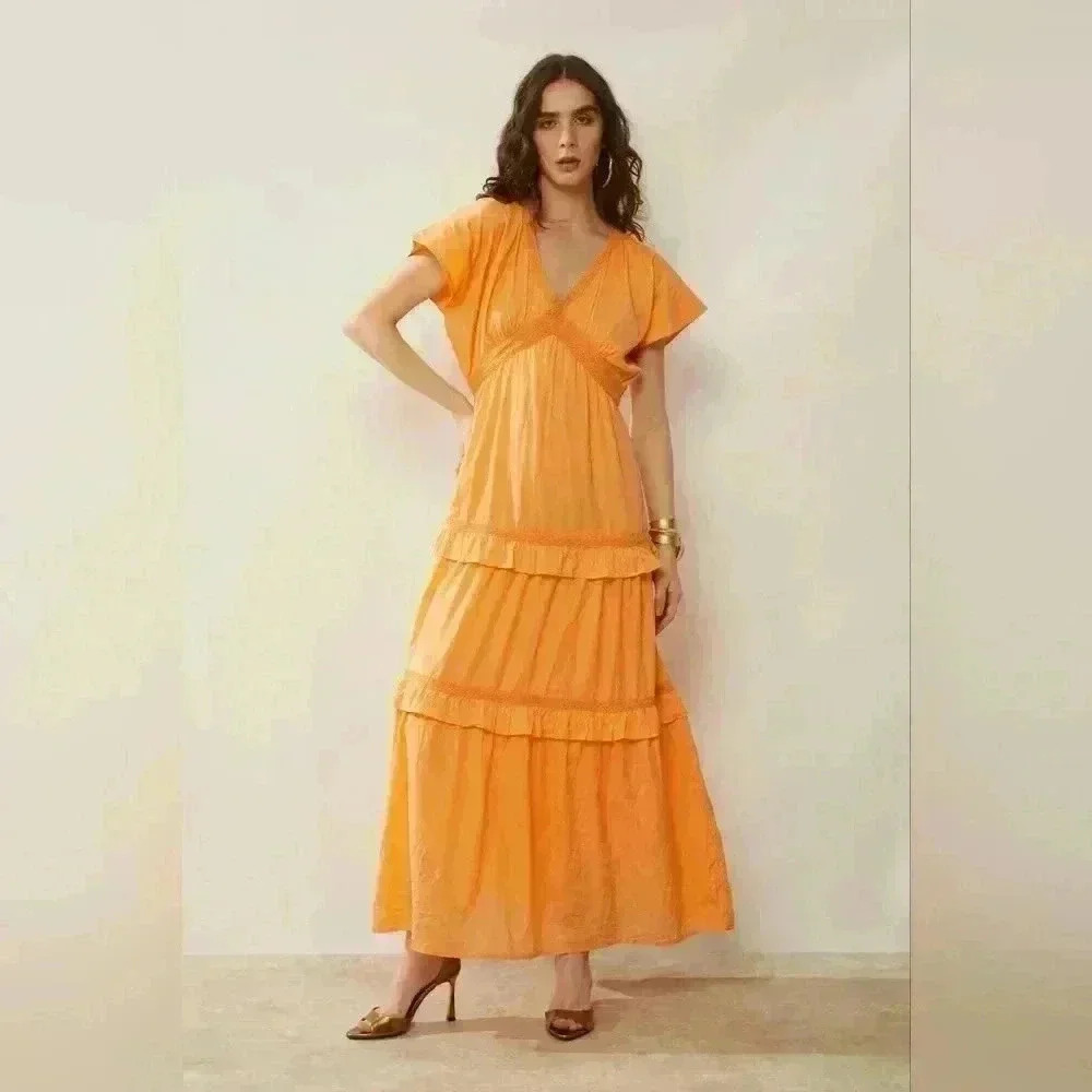 Bohera Miralee Golden Tiered Maxi Dress  Size Large